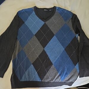 Claiborne Men's V-Neck Sweater - Blue, Gray, and Black Argyle